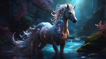 Snowy White horse gallops. Fantasy animal in a mysterious forest. The water surface ripples and glows.