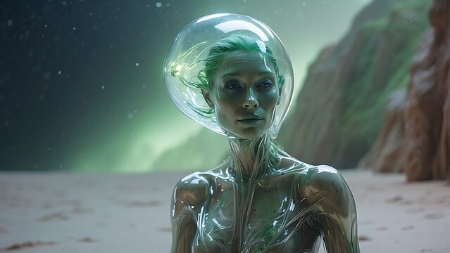 Extraterrestrial female creature The elegance of beautiful women in the fashion of the future Highlighting her flawless skin and alluring charm. Fashion in space