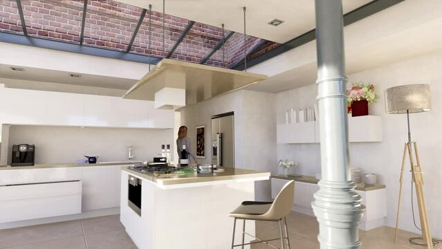 3D animation of an industrial style open plan kitchen with skylight