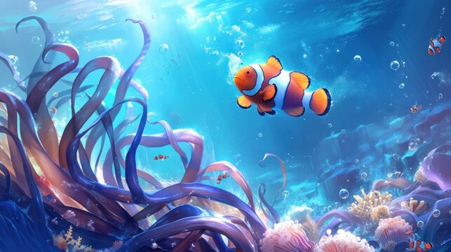  clownfish swimming among the tentacles of an anemone, their symbiotic relationship evident.  