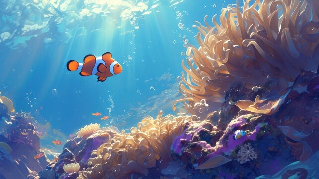  clownfish swimming among the tentacles of an anemone, their symbiotic relationship evident.  