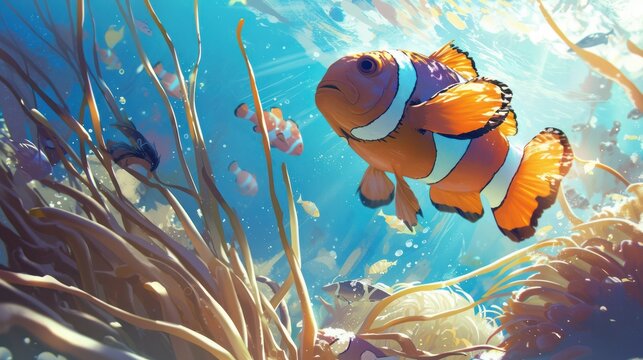  clownfish swimming among the tentacles of an anemone, their symbiotic relationship evident.  