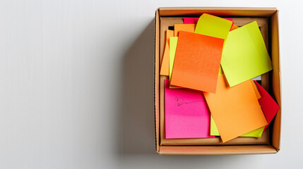 Box with sticky notes on white background
