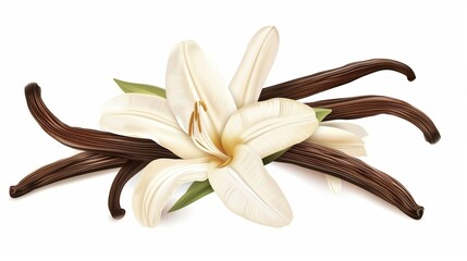 Artistic illustration of a white lily flower surrounded by scattered vanilla pods.