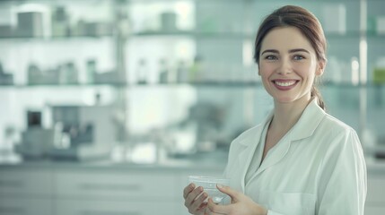 Smiling Asian female scientist holding petri dish in laboratory environment.