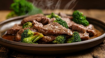 Beef and broccoli stir-fry on a rustic plate with steam.