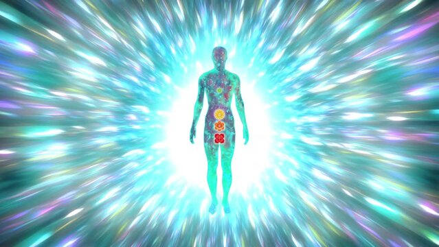 Seven Chakras in Human Body with Muladhara Root Chakra and Shining Aura Rays Animation