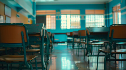 Fototapeta na wymiar Empty school classroom without young student