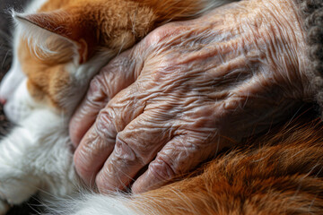 Fototapeta premium Close up of old senior person's hand in cat fur