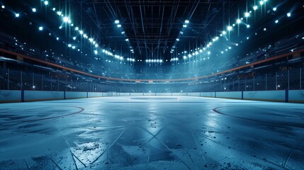 Photo of an empty ice hockey arena with striking night lighting and scarred ice surface. - obrazy, fototapety, plakaty