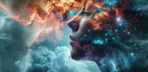 A womans face is framed by a backdrop of swirling clouds and twinkling stars