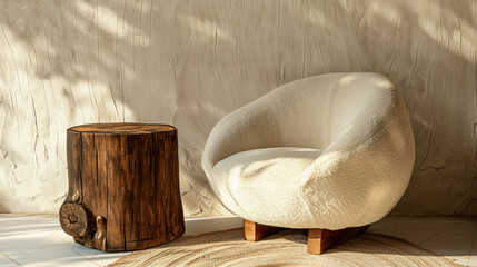 Fototapeta na wymiar Fabric lounge chair and wood stump side table