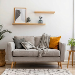 Canvas mockup in minimalist interior background with armchair and rustic decor.Front view. 3d rendering

