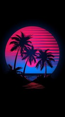 aesthetic black, blue and pink logo with palm trees and sunset, vintage 80s style, vector design for tshirt printing