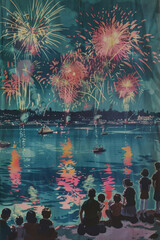 Painting depicting a group of individuals gathered by the water, watching a vibrant fireworks display lighting up the night sky