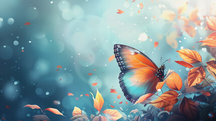 A vibrant orange butterfly perched on autumn leaves against a soft, bokeh light background, embodying a serene, whimsical mood in a magical natural setting.