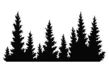 Fir trees silhouette. Coniferous spruce horizontal background pattern, black evergreen woods vector illustration. Beautiful hand drawn panorama of coniferous forest