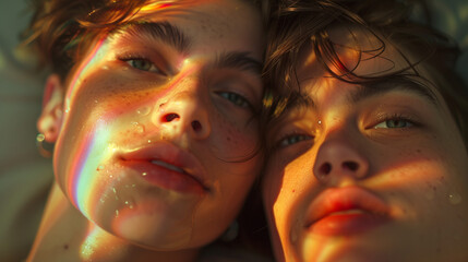 Two young men peacefully under a rainbow light.