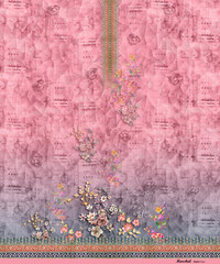 Digital textile design flowers and leaves for ladies' shirt printing indean_(Textile Three Pieces Design, Pakistani Ladies Kurti) Stock Illustration