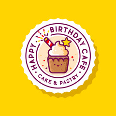 Cake and Desserts sign. Chocolate cupcake with sugar glaze, small candies and crown into wavy circle.