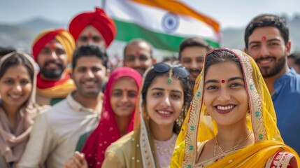 Vibrant Indian Friends Celebrating with National Flag in Background