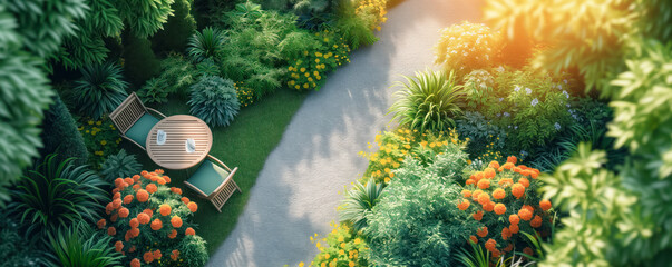 High angle view to comfortable resting spot with chairs and table in the garden.