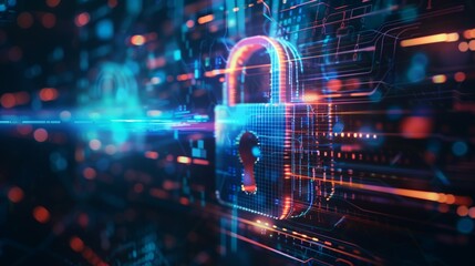 Futuristic image showcasing a digital padlock on a dynamic cyber circuit background, symbolizing advanced security.