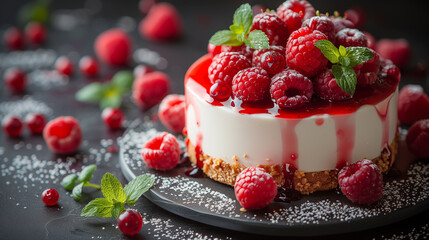 Cheesecake with fresh raspberries and mint, selective focus