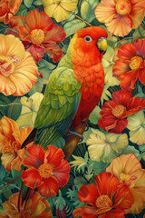 A painting featuring a colorful parrot perched among vibrant flowers in a garden setting