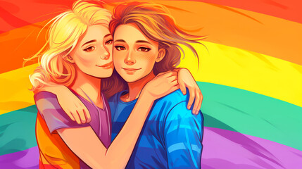 Cartoonish illustration of two young blonde lesbians hugging in front of a rainbow backdrop.