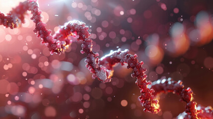 Detailed view of a DNA double helix with red accents and a bokeh background, suggesting a scientific context