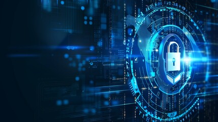 Obraz premium Futuristic digital cybersecurity concept featuring a glowing padlock amidst blue cyber networks and code.