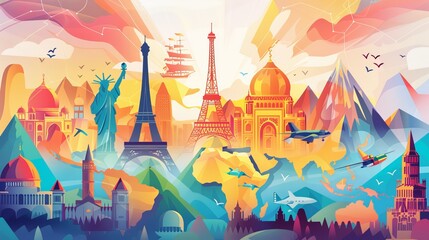 Illustrated world map with famous landmarks from different continents in vibrant colors