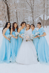 A group of women in blue dresses pose for a picture in the snow. The bride is wearing a white dress