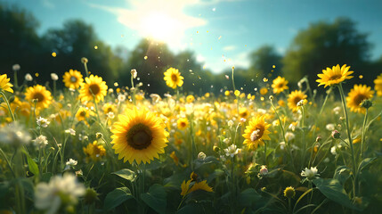 Field with yellow sunflowers against the sky with clouds. light sunset with vintage retro ambient