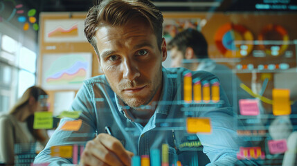 Male professional analyzing financial data on transparent digital screens. Studio portrait with digital effects. Business analysis and technology concept. Design for posters, banners, andpresentations