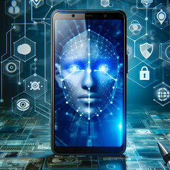 face with facial recognition themed mobile phone in technological environment