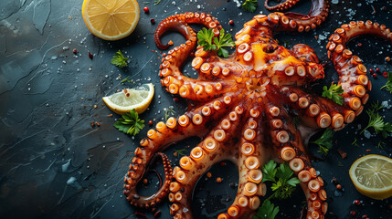 Fototapeta premium Fresh octopus with lemon and parsley on a dark background.