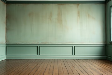 3d rendering.  texture wallpaper.  An empty room with green walls and brown wooden floor