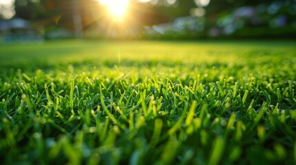 Naklejka premium A green, well-groomed lawn on the site of a private house against the backdrop of a blooming garden. Spacious green lawn for placing goods with space for copying. 