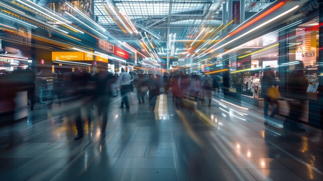 Blurred Motion Of People Walking In A Brightly Lit Modern Shopping Mall With Colorful Light Streaks.