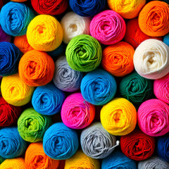 colorful background made of many wool yarn balls,Skeins of yarn for knitting. Balls of wool made of colorful strings. Illustration for banner, poster, cover, brochure or presentation,generate ai
