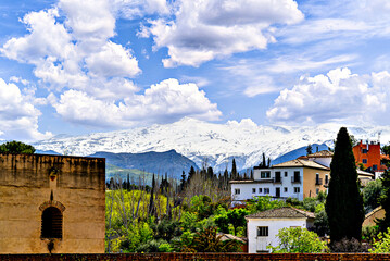 Images of the Sierra Nevada mountain from the Alhambra Monumental Complex, Granada, Spain