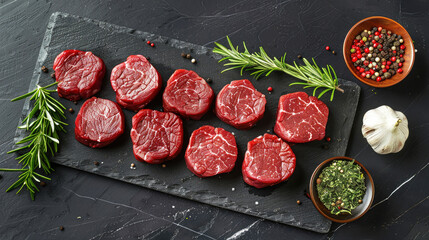 Fresh raw meat on slate black board top view. Variety of beef steak, spices, seasoning for cooking, grilling, black angus prime, striploin, ribeye, sirloin.