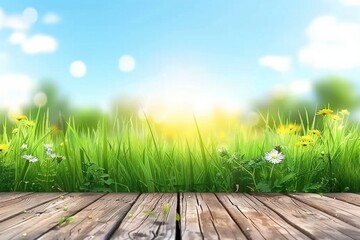 Fototapeta premium Empty wooden table with outdoor garden grass bokeh and sunny sky. Template backdrop for display your product. generative ai.