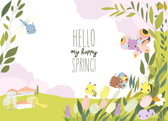 Vector Cartoon Frame with Cute Baby Insects, Spring Flowers and Plants