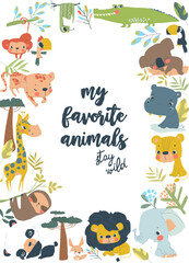 Vector Cartoon Frame with Cute Animals from Different Continents
