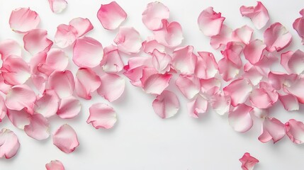 delicate pink rose petals scattered on white background floral still life photography