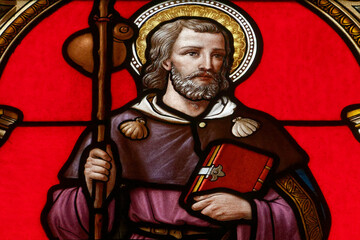 A stained-glass window depicting Saint James. Vitrail représentant Saint Jacques de Compostelle....