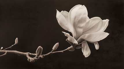 Monochrome beautiful magnolia flower isolated on black background. Abstract curves and perspectives...
